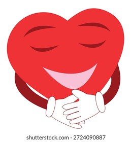 Un corazón abrazándose con sus brazos, un personaje de héroe de Vector que simboliza el amor propio. Vector dibujando sobre un fondo blanco.