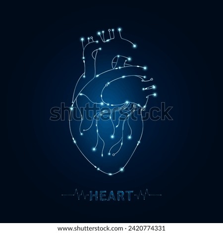 Heart human in electronic form glowing between information connecting lines. Medical science of technology digital hi tech. Futuristic digital circuit board innovative health care. Vector EPS10.