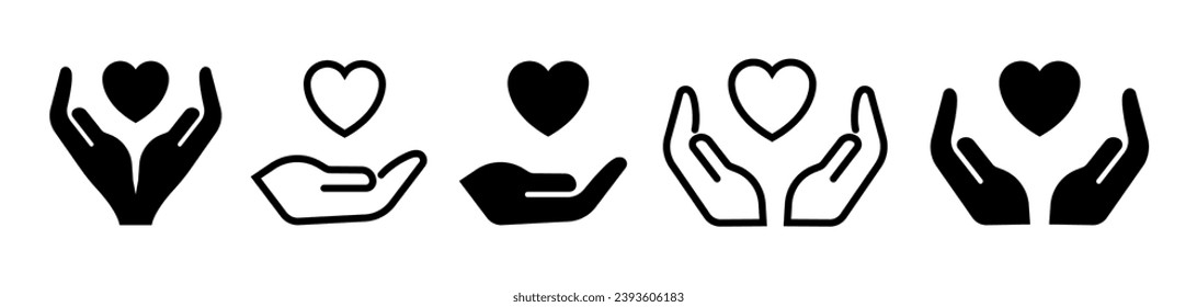 Corazón en icono de mano humana. Símbolos simples con contorno de color negro. Ilustración del vector