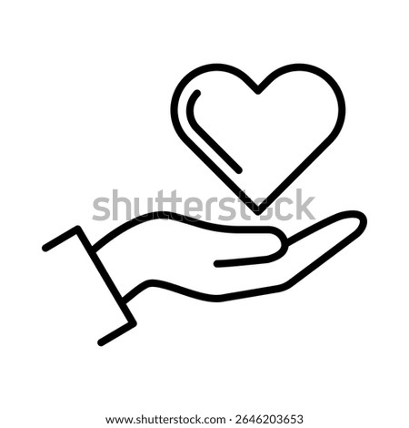 Heart in human hand line art icon isolated on white background. Minimalist vector illustration symbolizing healthcare, compassion, organ donation, support, charity, and medical care. 