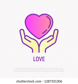 Heart in human hands thin line icon. Modern vector illustration of love, support, medical help or charity.