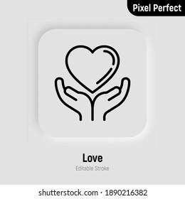 Heart in human hands thin line icon. Pixel perfect, editable stroke. Vector illustration of love, support, medical help or charity.