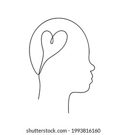 Heart in human head, Asian non-binary face in profile with snub nose continuous one line drawing, Vector graphics minimalist linear illustration made of single line