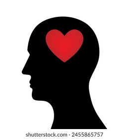 Heart in Human Head. Brain and Heart Concept. Vector Illustration. 