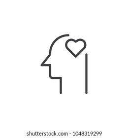 Heart in human head outline icon. linear style sign for mobile concept and web design. Love head simple line vector icon. Symbol, logo illustration. Pixel perfect vector graphics