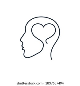 Heart in a human head. The psychology of the way of thinking. Vector linear icon isolated on white background.