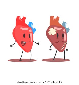 Heart Human Internal Organ Healthy Vs Unhealthy, Medical Anatomic Funny Cartoon Character Pair In Comparison Happy Against Sick And Damaged