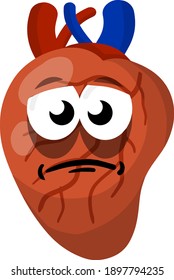 Heart. Human internal organ. Medicine and cardiology. Sick character and sad illness mascot. Cartoon flat illustration.