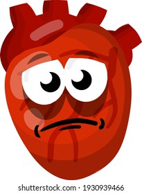Heart. Human internal organ. Medicine and cardiology. Sick character and sad illness mascot. Cartoon flat illustration