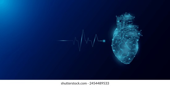 Corazón anatomía de órganos humanos en forma de polígono bajo poli futurista y onda de pulso brillante. Anuncio de Plantilla de ciencias médicas con espacio vacío para texto. Ilustración del EPS10 del Vector.