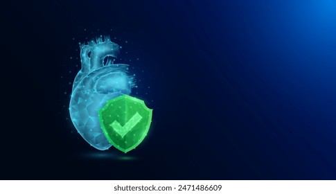 Anatomía de órgano humano de corazón en estilo poligonal con marca de verificación en escudo verde brillante sobre fondo azul oscuro. Símbolo de protección de la ciencia médica. Anuncio espacio en blanco para texto. Vector EPS10.