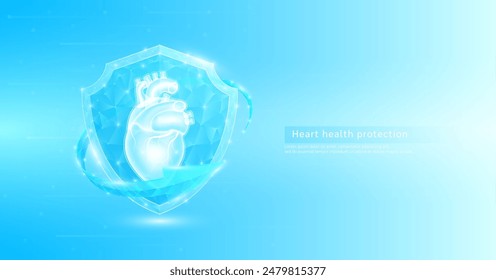 Corazón de órgano humano estilo anatomía poligonal en escudo brillante rodeado de flechas azules. Símbolo de protección de la ciencia médica. Concepto de atención médica. Vector de Anuncio EPS10.