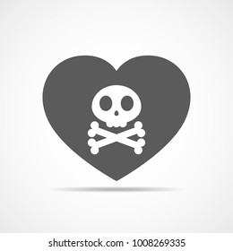 Heart with human skull in flat design. Vector illustration. Gray heart and skull, isolated on light background.