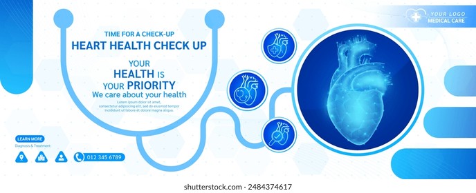 Heart human in stethoscope frame. Medical health care check up. Magnifying glass examining organ icon. Template design background banner for medical ads social media editable. Vector.