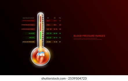 Herz menschlich im Thermometer oder Sphygmomanometer auf dunklem Hintergrund. Blutdruckbereiche. Konzept der medizinischen Untersuchung. Banner des Gesundheitswesens. Vektor-EPS10.