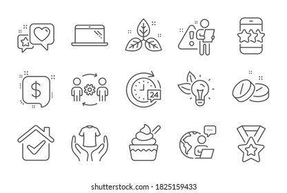 Heart, Ice cream and Hold t-shirt line icons set. Winner ribbon, Payment message and Medical tablet signs. Laptop, Star and Engineering team symbols. Fair trade, Eco energy and 24h delivery. Vector
