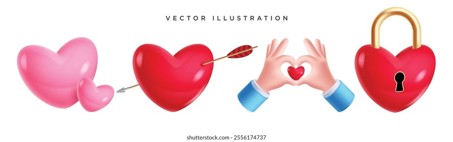 Heart icon 3d clipart set. Heart shape in pink balloon, red in love, love hand pose and lock symbol valentine clip art collection. Vector illustration valentine's day graphic elements. 
