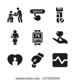 heart icon. 9 heart vector icons set. vitamins, woman holding a heart and make an online donation icons for web and design about heart theme