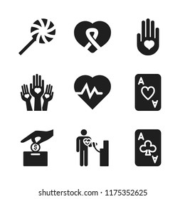 heart icon. 9 heart vector icons set. ace of hearts, awareness ribbon inside a heart and hands with hearts icons for web and design about heart theme