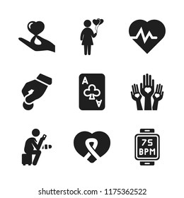 heart icon. 9 heart vector icons set. ace of clubs, hand holding and awareness ribbon inside a heart icons for web and design about heart theme
