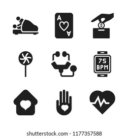 heart icon. 9 heart vector icons set. heart on the palm, make a donation and blood pressure icons for web and design about heart theme