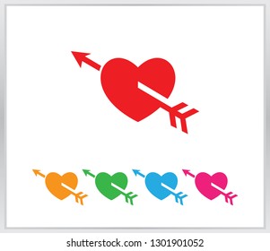 Heart icon with arrow stuck. five hearts red, yellow, green, blue, purple on a white background