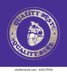 Heart icon. Back view.  Stamp with text. Quality  best