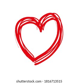 Heart icon. Beautiful red ink drawing. Vector flat graphic hand drawn illustration. The isolated object on a white background. Isolate.