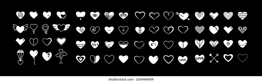 Heart icon big collection
silhouette, shape, contour, stencil, appearance sign white and black modern color set isolated on a black  background.Symbol 
of relationships, feelings, souls,icon love