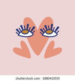 
Heart icon with big eyes. Valentine's day element. Vector illustration is suitable for printing on clothes, printing on postcards. Perfect for a beauty salon for eyelash extension