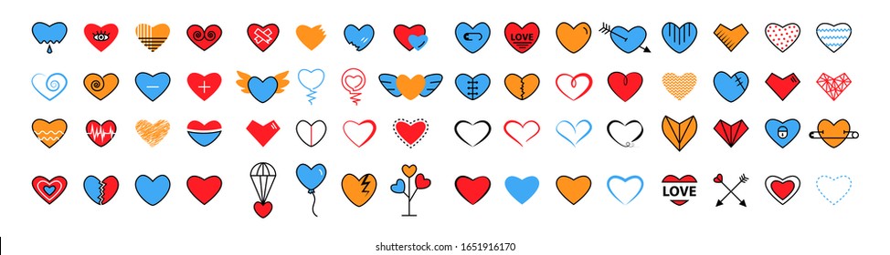 Heart icon big set in flat  and line icon style trendy bright modern colors such as blue,red,yelllow set isolated on a white background.Symbol 
of relationships,feelings,souls,icon love,sign emotion