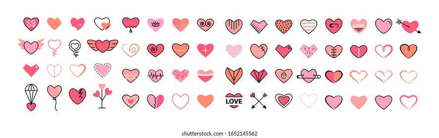 Heart icon big set flat ,pink  and thin black line icon color collection isolated on a white  background. 