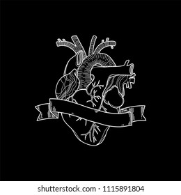 Heart icon in black background. Vector illustration. Handmade black line digital art. Anatomy drawing with tape and a blank space to place o name or a sentence.