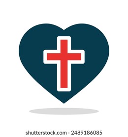 Heart icon. Black silhouette of heart containing a red Christian cross, symbolizing the christian faith and love. Vector illustration