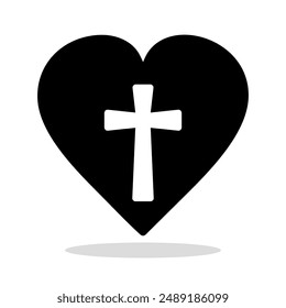 Heart icon. Black silhouette of heart containing a white christian cross, symbolizing the christian faith and love. Vector illustration