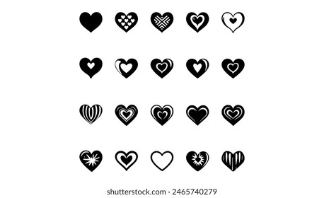 Heart icon black and white vector illustrations collection. Symbol love set isolated shape sign. Graphic abstract element romantic and simple concept cute decoration background.