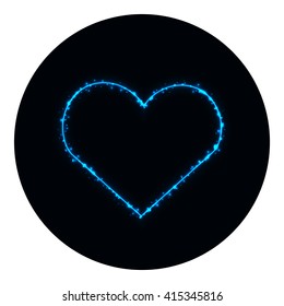 Heart icon of blue lights on black background. Neon vector icon