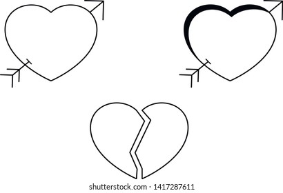 Heart icon. Broken heart, arrow in the heart, black and white icon. Vector icon