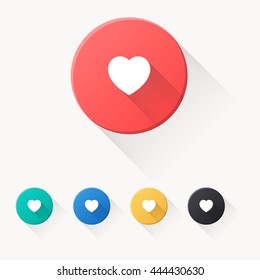 heart icon or button in flat style with long shadow, isolated vector illustration on white transparent background