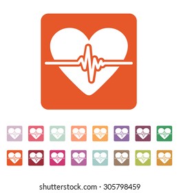 The heart icon. Cardiology and cardiogram, ecg, cardio symbol. Flat Vector illustration. Button Set