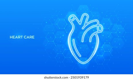 Icono del corazón. Concepto de cardiología. Órgano de anatomía del corazón humano. Sanidad. Tratamiento de enfermedades cardíacas. Día Mundial de la Salud. Estructura molecular. Fondo médico azul con hexágonos. Ilustración vectorial.