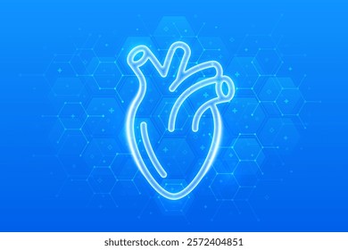 Heart icon. Cardiology concept. Human heart anatomy organ. Healthcare. Treatment of heart disease. World health day. Molecular structure. Blue medical background with hexagons. Vector illustration.