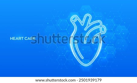 Heart icon. Cardiology concept. Human heart anatomy organ. Healthcare. Treatment of heart disease. World health day. Molecular structure. Blue medical background with hexagons. Vector illustration.