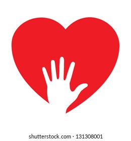 Heart icon with caring hand, vector illustration