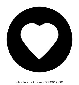 Heart icon in circle. White sign in black. Romantic symbol. Creative art design. Vector illustration. Stock image. 