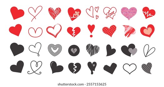 Heart icon clipart set for valentine's day. Red and black heart drawing clip art with paint grunge stroke, doodle and contour outline valentine collection. Vector illustration valentine's day hand