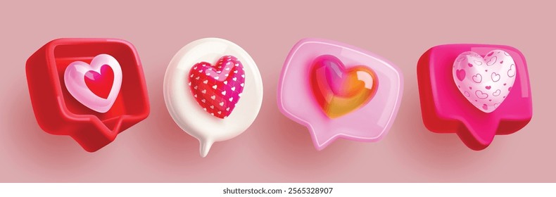 Heart icon clipart speech bubble set. Speech bubble clip art with heart love shape elements for social media message, chat, comment and notification graphic elements. Vector illustration valentine's 