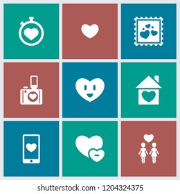 Heart icon. collection of 9 heart filled icons such as stopwatch, women couple. editable heart icons for web and mobile.