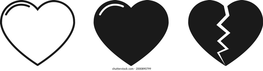 Colección de iconos de corazón. Corazón roto, icono de amor puesto en fondo blanco. Vector de Divorcio y Corazón
