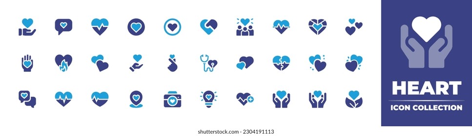 Heart icon collection. Duotone color. Vector illustration. Containing heart, like, heart rate, love, heart beat, gem, kpop, health check, hearts, love message, location, photo camera, lightbulb.